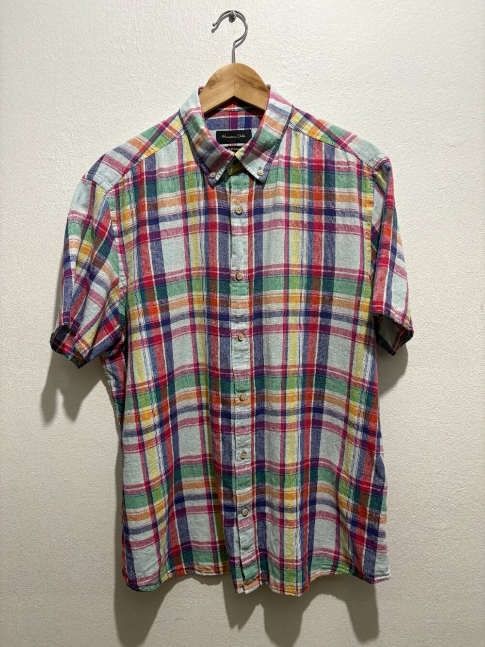 Massimo Dutti rainbow plaid cotton short sleeve button down shirt